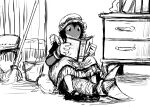  2023 anthro book bucket cleaning_tool clothing container female fish hi_res hladilnik lonely_shark maid_uniform marine monochrome mop reading shark sitting sitting_on_ground solo uniform 