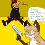  anthro antisemitism averi_(fiddleafox) blood bodily_fluids brown_body brown_fur canid canine deagle death duo english_text female female_anthro fox fur gloves_(marking) gore green_eyes gun hair human looking_at_viewer mammal markings ranged_weapon simple_background text unknown_artist weapon white_body white_fur 