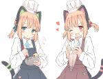  2girls animal_ear_headphones animal_ears apron black_apron blonde_hair blue_archive blue_necktie blush brown_apron cat_tail chef_hat collared_shirt fake_animal_ears green_eyes hat headphones heart kamotsu_yasai long_sleeves midori_(blue_archive) mixing_bowl momoi_(blue_archive) multiple_girls necktie one_eye_closed open_mouth parted_lips red_eyes shirt short_hair siblings simple_background sisters smile tail twins whisk white_background white_headwear white_shirt 