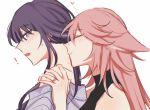  ! 2girls bite_mark bite_mark_on_neck blush closed_eyes genshin_impact heart multiple_girls parted_lips pink_hair purple_hair raiden_shogun riejiu yae_miko yuri 