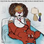  1:1 anthro band1tnsfw bed clothed clothing digital_drawing_(artwork) digital_media_(artwork) doctor doctor_pill_(richard_scarry) duo english_text felid female flat_colors flower furniture grabbing_sheets hands_on_knees hands_on_legs hi_res inside lamp lion looking_at_another looking_at_partner male male/female mammal marine medical_instrument moan nipples nurse nurse_nora_(richard_scarry) open_clothing open_shirt open_topwear pantherine pink_nipples pinniped plant portrait scientific_instrument sex shirt simple_background stethoscope text the_busy_world_of_richard_scarry topwear vase walrus 