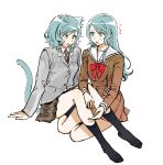  2girls animal_ears aqua_hair arm_support bang_dream! black_jacket black_socks blush bow bowtie braid brown_dress brown_necktie brown_skirt cat_ears cat_girl cat_tail collared_jacket collared_shirt commentary diagonal-striped_necktie dress full_body green_eyes hair_between_eyes hair_bow hanasakigawa_school_uniform haneoka_school_uniform highres hikawa_hina hikawa_sayo jacket kemonomimi_mode knee_blush kneehighs long_hair long_sleeves medium_hair multiple_girls necktie no_shoes open_mouth plaid plaid_skirt pleated_skirt red_bow red_bowtie sailor_collar sailor_dress school_uniform shirt siblings simple_background sisters skirt socks tail twin_braids twins white_background white_sailor_collar white_shirt yellow_bow zihacheol 