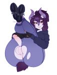  2023 anthro anus balls bottomwear bovid butt caprine clothing footwear fur genitals goat gynomorph hair hi_res horn intersex legs_up littlesheep looking_at_viewer mammal pants penis presenting presenting_hindquarters purple_body purple_fur purple_hair shoes skull_accessory smile sneakers solo thick_thighs tight_bottomwear tight_clothing tight_pants torn_bottomwear torn_clothing torn_pants yoga_pants 