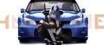  1girl absurdres arm_tattoo black_gloves black_sports_bra blue_hair breasts car cleavage_cutout clothing_cutout fingerless_gloves gloves grey_eyes hair_between_eyes highres jacket long_hair looking_at_viewer medium_breasts motor_vehicle off_shoulder open_clothes open_jacket original ponytail saki_(the_atko) sitting solo sports_bra sword tattoo the_atko weapon 