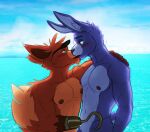  anthro anthro_on_anthro areola blush blush_lines bonnie_(fnaf) canid canine countershade_fur countershade_torso countershading dipstick_tail duo five_nights_at_freddy&#039;s fox foxy_(fnaf) fur hi_res hook hook_hand interspecies kissing lagomorph leporid male male/male mammal markings nipples poppin rabbit romantic romantic_couple scottgames tail tail_markings 