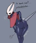  annoyed anthro arthropod bent_over big_butt black_body black_eyes bottomless bottomless_female bubble_butt butt cloak cloak_only clothed clothing exoskeleton eyelashes female holding_object holding_weapon hollow_knight hornet&#039;s_needle hornet_(hollow_knight) humanoid insect kayo_kz looking_at_viewer presenting presenting_hindquarters red_clothing signature simple_background solo speech_bubble team_cherry text thick_thighs touching_butt vessel_(species) weapon white_head wide_hips 