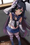  1girl artist_name black_hair black_hairband black_neckerchief black_panties blue_sailor_collar blue_skirt commentary_request cosplay crop_top eckert&amp;eich elbow_gloves feet_out_of_frame gloves gradient_hair green_eyes hairband highleg highleg_panties highres kantai_collection leaning_to_the_side long_hair matsuwa_(kancolle) microskirt multicolored_hair neckerchief one-hour_drawing_challenge panties purple_hair sailor_collar salute shimakaze_(kancolle) shimakaze_(kancolle)_(cosplay) skirt smile solo striped striped_thighhighs thighhighs twitter_username underwear white_gloves window 