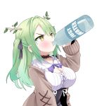  1girl antlers black_ribbon bottle branch breasts ceres_fauna ceres_fauna_(3rd_costume) chugging cleavage cleavage_cutout clothing_cutout coat drinking green_hair hair_ribbon highres holding holding_bottle hololive hololive_english large_breasts long_hair long_sleeves official_alternate_costume parody ribbon riqcrow simple_background solo twintails virtual_youtuber water_bottle white_background yellow_eyes 