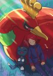  1boy arutarika_(ri_kaoekaki) bird clenched_hand closed_eyes closed_mouth commentary_request day from_above grass highres ho-oh jacket long_hair long_sleeves male_focus outdoors pants pokemon pokemon_(creature) pokemon_(game) pokemon_hgss red_hair silver_(pokemon) sneasel 