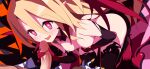  1boy 1girl absurdres ass blonde_hair bow breasts demon_girl demon_tail disgaea disgaea_rpg elbow_gloves flonne flonne_(fallen_angel) from_above gloves heart heart-shaped_pupils heart_tail hetero highres imminent_fellatio kneeling long_hair makai_senki_disgaea nanozenzen nipples pointy_ears red_eyes small_breasts symbol-shaped_pupils tail tail_bow tail_ornament thighhighs uncensored wings 