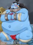  2023 96panda absurd_res anthro asian_clothing bandage belly big_belly blue_body blush bodily_fluids bound bulge clothing east_asian_clothing fish-men_(one_piece) fundoshi group hi_res japanese_clothing jinbe kemono male marine one_piece overweight overweight_male red_clothing red_fundoshi red_underwear scar solo_focus sweat underwear 