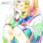  1girl artist_name blue_sailor_collar blush colorful green_eyes green_shirt hand_on_own_chin head_rest highres kneehighs legs_together long_bangs long_sleeves looking_ahead medium_hair multicolored_clothes multicolored_hair original pink_hair procreate_(medium) sailor_collar school_uniform serafuku shirt sidelocks simple_background sleeve_cuffs socks solo squatting watanabe_tomari watermark white_background white_shirt 