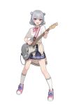  1girl absurdres blue_skirt bow bowtie breast_pocket breasts cevio clothes_around_waist collared_shirt double_bun electric_guitar full_body grey_hair guitar hair_bun hair_ornament hairclip highres holding holding_instrument holding_plectrum instrument kaito_(k4itoh) kneehighs koharu_rikka legs_apart light_blush looking_at_viewer open_mouth pink_bow pink_bowtie pink_eyes pink_footwear pleated_skirt plectrum pocket second-party_source shirt shirt_tucked_in shoes short_hair short_sleeves skirt small_breasts smile sneakers socks solo standing sweatband synthesizer_v transparent_background white_shirt white_socks 