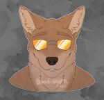  2022 anthro black_nose blood-wolf94 brown_body brown_fur brown_tuft camo camo_background canid canine canis colored countershade_face countershading coyote dated digital_media_(artwork) eyebrows eyewear front_view fur glistening glistening_eyewear glistening_sunglasses headshot_portrait inner_ear_fluff male mammal orange_eyewear orange_sunglasses orthographic_projection outline portrait scp-2547-1 scp_foundation signature smile solo sunglasses tuft watermark white_outline 
