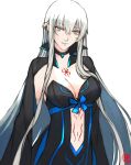  1girl black_cape black_choker black_dress blue_bow blue_eyes bodypaint bow braid breasts cape chest_bow choker cleavage clothing_cutout covered_navel cowboy_shot dress english_commentary fate/apocrypha fate/grand_order fate_(series) french_braid grey_hair hair_between_eyes highres large_breasts light_smile long_hair moedredd morgan_le_fay_(fate) mystical_high_collar navel_cutout signature solo very_long_hair white_background 