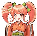  1girl :d bangs blonde_hair blush bow commentary_request danganronpa_(series) danganronpa_2:_goodbye_despair dated green_bow grey_background hair_bow hands_up happy_birthday heart highres japanese_clothes kimono long_sleeves looking_at_viewer multicolored_hair no_ame_tei obi open_mouth orange_eyes orange_kimono red_hair saionji_hiyoko sash simple_background smile solo two-tone_hair 