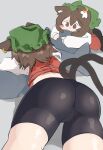  1girl :3 animal_ear_fluff animal_ears ass ass_focus bike_shorts black_shorts blush_stickers brown_eyes brown_hair cat_ears cat_tail chen commentary_request earrings from_behind hat highres jewelry lying midriff mob_cap multiple_tails multiple_views nekomata on_stomach pillow red_vest short_hair shorts single_earring tail touhou two_tails vest yayuyoyayuyo 