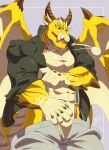  1boy abs absurdres aotaki_(aotk) bara dragon_boy dragon_horns dragon_wings dressing egg_necklace furry furry_male highres horns large_pectorals male_focus muscular muscular_male open_fly ophion_(housamo) pectoral_cleavage pectorals shirt short_hair solo tight_clothes tight_shirt tokyo_afterschool_summoners wings yellow_scales 