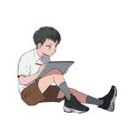  1boy black_eyes black_hair brown_shorts commentary_request drawing full_body highres male_focus original polo_shirt shirt shoes shorts sketchbook sneakers solo white_shirt yonchi 