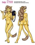  2006 anthro barely_visible_genitalia barely_visible_pussy brown_hair caitian digitigrade english_text felid female fur genitals gesture hair holding_object k&#039;ress_(style_wager) long_hair mammal model_sheet nipples pointing pubes pussy rear_view smile solo star_trek style_wager text tricorder yellow_body yellow_fur 
