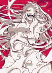  1girl :d artist_name blood blush boku_no_hero_academia breasts commentary_request completely_nude fangs greyscale greyscale_with_colored_background highres large_breasts long_hair looking_at_viewer monochrome nude red_background simple_background smile solo takatsuki_ichi teeth toga_himiko yellow_eyes 