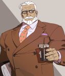  1boy bara beard blue_eyes business_suit drinking_straw facial_hair folder glasses grey_background handkerchief highres holding iced_coffee jp_(street_fighter) large_pectorals long_hair male_focus mature_male muscular muscular_male mustache necktie pectorals ponytail rectangular_eyewear sa1k0p shirt smile solo street_fighter street_fighter_6 suit thick_eyebrows thick_mustache white_hair white_shirt 