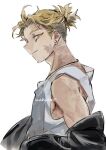  1boy black_jacket blonde_hair boku_no_hero_academia earrings hawks_(boku_no_hero_academia) jacket jewelry kadeart male_focus medium_hair open_clothes simple_background solo tank_top thick_eyebrows white_background white_tank_top yellow_eyes 