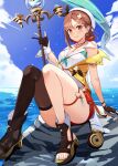  absurdres atelier_(series) atelier_ryza breasts cleavage cloud hair_between_eyes hat high_heels highres holding holding_staff legs reisalin_stout sitting smile staff thigh_strap thighhighs thighs tsunagi123 water 