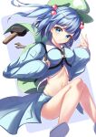  1girl absurdres backpack bag blue_background blue_eyes blue_hair blue_skirt closed_mouth commentary_request feet_out_of_frame flat_cap green_headwear hair_bobbles hair_ornament hammer hat highres kawashiro_nitori long_sleeves looking_at_viewer navel saniraku skirt solo stomach thighs touhou wrench 