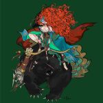  1girl arrow_(projectile) bear blue_eyes bow_(weapon) braid brave_(pixar) curly_hair dress elinor_(brave) facepaint green_background holding holding_arrow holding_bow_(weapon) holding_weapon kiddo_hah long_hair merida_(brave) red_eyes red_hair riding riding_animal scar scar_on_face very_long_hair weapon 