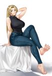  1girl armpits bare_shoulders barefoot blonde_hair breasts brown_eyes denim easonx highres jeans jujutsu_kaisen large_breasts long_hair looking_at_viewer pants sitting sleeveless smile solo tsukumo_yuki_(jujutsu_kaisen) 