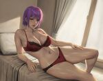  1girl ayane_(doa) bra breasts cleavage curtains dead_or_alive dead_or_alive_xtreme hand_on_own_leg highres indoors jeneral large_breasts looking_at_viewer lying navel on_bed on_side panties parted_lips pillow purple_hair red_bra red_eyes red_panties shiny_skin short_hair solo stomach underwear underwear_only window 