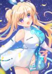  1girl :d bare_shoulders blonde_hair blue_background blue_dress blue_ribbon blush breasts commentary detached_sleeves dress eyelashes eyes_visible_through_hair floating_hair hair_between_eyes hair_ribbon happy highres large_breasts light_particles long_hair looking_at_viewer lunar-q lunaria_-virtualized_moonchild- navel open_mouth purple_eyes ribbon short_dress signature simple_background smile solo twintails two-tone_dress ura_(ura-tennislove) very_long_hair white_dress 