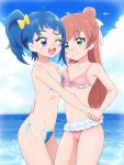  2girls ;d absurdres bare_arms bare_shoulders bikini blue_bikini blue_eyes blue_hair blue_sky blush bow breast_press brown_hair closed_mouth cloud cloudy_sky collarbone commentary_request day frilled_bikini frills green_eyes groin hair_bow hair_bun highres hirogaru_sky!_precure horizon long_hair mameshiba_(pixiv_59310) multiple_girls navel nijigaoka_mashiro ocean one_eye_closed outdoors pink_bikini precure side-tie_bikini_bottom sky smile sora_harewataru swimsuit symmetrical_docking very_long_hair water white_bow 