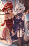  2girls artist_name bed black_panties blue_eyes bra bracelet breasts cleavage dress earrings garter_straps grey_eyes gundam gundam_suisei_no_majo hand_around_waist headband highres jewelry long_hair miorine_rembran multiple_girls panties pillow purple_dress red_dress red_hair ring suletta_mercury thighhighs thighs underwear wedding_ring white_panties wsadr12345 