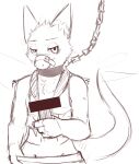  absurd_res anthro blush chain chained clothed clothing collar front_view half-length_portrait head_tuft hi_res holding_object kuttoyaki looking_at_viewer male monochrome mouth_closed muzzle_(object) muzzled narrowed_eyes portrait shoulder_tuft simple_background sketch solo topwear tuft undressing 