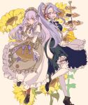  2girls apron basket biscuit_(bread) black_dress brown_apron brown_pantyhose cake cake_slice commentary_request cookie dress eating fire_emblem fire_emblem:_genealogy_of_the_holy_war fire_emblem:_three_houses fire_emblem_heroes floral_background flower food full_body hair_ribbon holding holding_basket holding_food juliet_sleeves long_hair long_sleeves looking_at_viewer lysithea_von_ordelia lysithea_von_ordelia_(tea_party) maid_headdress multiple_girls official_alternate_costume official_alternate_hairstyle one_eye_closed open_mouth pantyhose pink_eyes pink_hair ponytail puffy_sleeves purple_hair purple_ribbon ribbon smile sunflower tailtiu_(fire_emblem) tailtiu_(tea_party)_(fire_emblem) teeth tenjin_(ahan) thighhighs upper_teeth_only very_long_hair waist_apron white_apron white_dress white_thighhighs yellow_flower 