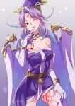 1girl bare_shoulders belt breasts cape celine_jules cleavage detached_cape earrings elbow_gloves facial_mark forehead_mark gloves hat heart heart_tattoo highres jewelry large_breasts long_hair looking_at_viewer one_eye_closed pointy_hat purple_hair purple_skirt skirt smile solo star_ocean star_ocean_the_second_story tattoo yutohiroya 