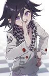  1boy black_hair buttons checkered_clothes checkered_scarf cheeseko danganronpa_(series) danganronpa_v3:_killing_harmony double-breasted grey_jacket hair_between_eyes hand_up highres jacket long_sleeves looking_at_viewer male_focus medium_hair open_mouth ouma_kokichi purple_eyes scarf short_hair smile solo straitjacket teeth upper_body 