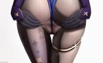 1girl ass black_gloves black_pantyhose blue_leotard blue_sleeves commentary_request from_behind genshin_impact gloves highres leotard lower_body mona_(genshin_impact) pantyhose solo sparkle spread_pussy_under_clothes tally thighlet thighs white_background z282g 