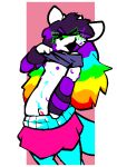  aliasing anthro bodily_fluids bottomwear catjam_(artist) clothed clothing clothing_lift female fur genitals hair multicolored_hair nipples pussy rainbow_hair shaded shirt shirt_lift simple_shading skirt skirt_down solo studded_belt sweat sweatdrop topwear white_body white_fur xcite_(catjam) 