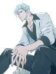  arrancar artist_name black_eyeshadow black_pants black_shirt bleach bleach:_the_thousand-year_blood_war blue_eyes blue_hair collarbone collared_jacket eyeshadow facial_mark feet_out_of_frame grimmjow_jaegerjaquez hair_between_eyes highres jacket makeup male_focus own_hands_together pants parted_lips scar scar_on_chest shirt sideburn004 signature sitting sleeves_rolled_up v-neck white_background white_jacket 