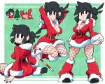  1girl arms_behind_head belt black_belt black_choker black_eyes black_footwear black_hair black_nails breasts candy candy_cane choker christmas_tree cleavage crab fishnet_pantyhose fishnets food fur_trim green_background highres hood hood_down lucia_(scott_malin) medium_breasts multiple_views original pantyhose santa_costume scott_malin shoes sitting standing zipper_pull_tab 