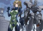  1girl armored_bodysuit assault_rifle blue_eyes bodysuit breasts brown_hair character_request covered_navel covered_nipples fortified_suit gun hair_ribbon highres impossible_bodysuit impossible_clothes kurione_(zassou) looking_at_viewer mecha medium_breasts muv-luv muv-luv_alternative outdoors ponytail ribbon rifle robot shiny_clothes smile standing weapon 