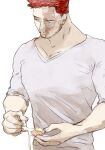  1boy artist_request bara beard beard_stubble boku_no_hero_academia cooking egg_(food) endeavor_(boku_no_hero_academia) facial_hair food highres large_pectorals looking_down male_focus mature_male muscular muscular_male pectorals sanpaku scar scar_across_eye shirt short_hair sideburns solo spiked_hair stubble t-shirt thick_eyebrows upper_body 