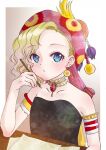  1girl armband bare_shoulders black_shirt blonde_hair blue_eyes choker closed_mouth earrings final_fantasy final_fantasy_vi hat highres jewelry looking_at_viewer relm_arrowny shirt short_hair solo strapless strapless_shirt umigamezo wavy_hair yellow_choker 