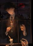  1boy black_hair black_jacket brown_eyes candle candlelight circle_of_inevitability cup dark fingernails guoqiao13582 highres holding holding_candle holding_cup jacket klein_moretti lord_of_the_mysteries necktie parted_lips reflection shirt short_hair signature smile solo teeth vest white_shirt window 