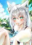  1girl absurdres ahoge animal_ear_fluff animal_ears blush braid cloud cloudy_sky commentary_request earrings egg_(food) finger_in_own_mouth food fox_ears fox_girl green_eyes hair_between_eyes highres hinagi_k hololive hololive_summer_2023_swimsuit jewelry long_hair looking_at_viewer saliva shirakami_fubuki sidelocks single_braid sky solo virtual_youtuber wet white_hair 