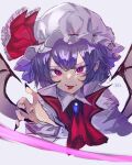  1girl ascot bat_wings black_nails commentary cropped_torso fang fingernails hat hat_ribbon long_fingernails looking_at_viewer mob_cap nari_(bikkii) pointy_ears pointy_hair purple_hair red_ascot red_ribbon remilia_scarlet ribbon short_hair slit_pupils tongue tongue_out touhou white_headwear wings 