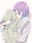  1boy 1girl back bad_id bad_pixiv_id blue_hair closed_eyes closed_mouth commentary_request double-parted_bangs green_hair hand_in_another&#039;s_hair hand_on_another&#039;s_head hand_up hetero hug kamishiro_rui kusanagi_nene long_hair long_sleeves multicolored_hair project_sekai purple_hair qi7pi short_hair simple_background sleeves_rolled_up streaked_hair two-tone_hair upper_body wavy_hair 